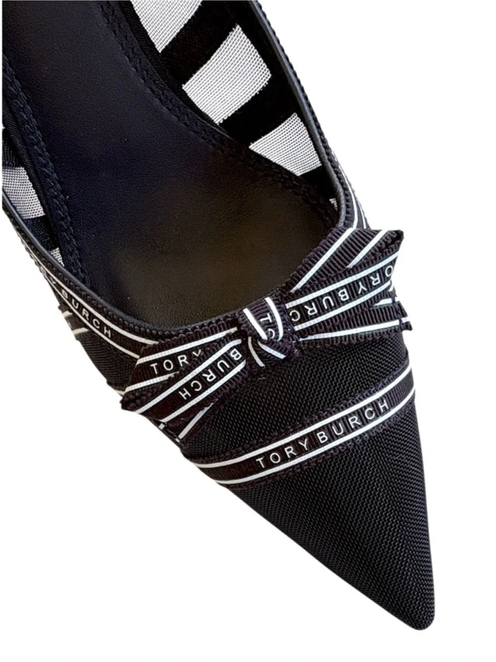 EUC Tory Burch Penelope Mesh Logo Pumps Black White Size 8.5 Retail $490.00